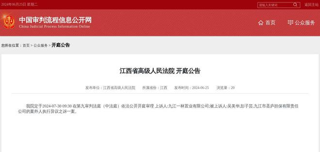 九江市圣廬擔保有限責任公司因案外人執(zhí)行異議之訴案件被告，2024年7月30日在江西省高級人民法院開庭